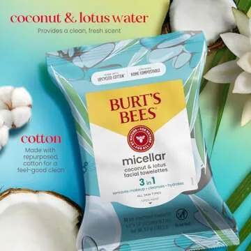 Burt's Bees Coconut & Lotus Face Wipes, for All Skin Types, Micellar Makeup Remover & Facial Cleansing Towelettes, 30 Ct. (3-Pack)