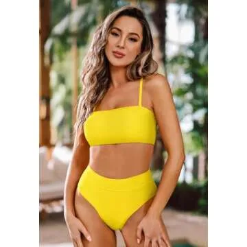 Pink Queen Women's Removable Strap Pad High Waist Bikini Set Swimsuit Yellow M