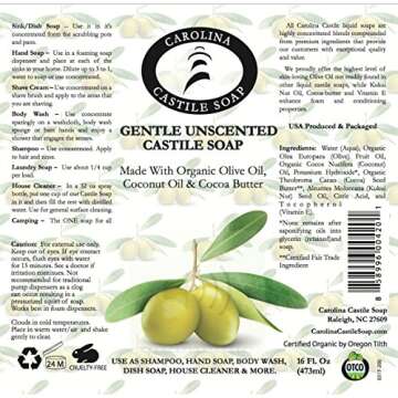 Castile Soap Liquid Unscented - 16 oz Vegan & Pure Organic Soap - Carolina Castile Soap - Concentrat...