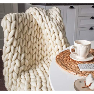 Chunky Knit Blanket Hand Made Merino Wool Throw Boho Bedroom Sofa Home Decor Giant Yarn(Ivory White ...