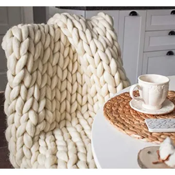 Chunky Knit Blanket Hand Made Merino Wool Throw Boho Bedroom Sofa Home Decor Giant Yarn(Ivory White ...