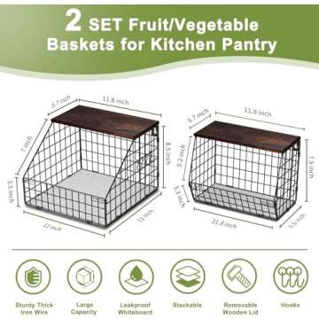 Fruit and Vegetable storage, 2 Set Wall Mounted Wire Baskets, Fruit Basket for Kitchen Counter, Hanging Fruit Basket, Potato Onion Basket, Wire Basket for Organizing, Countertop Organization Pantry