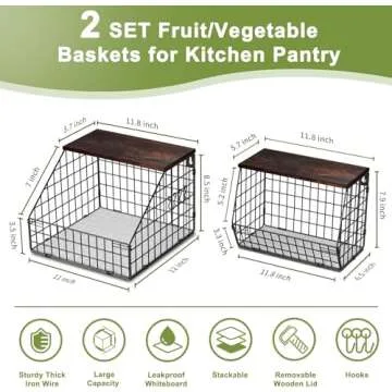 Fruit and Vegetable storage, 2 Set Wall Mounted Wire Baskets, Fruit Basket for Kitchen Counter, Hanging Fruit Basket, Potato Onion Basket, Wire Basket for Organizing, Countertop Organization Pantry