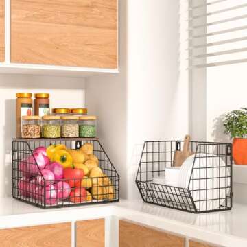 Fruit and Vegetable storage, 2 Set Wall Mounted Wire Baskets, Fruit Basket for Kitchen Counter, Hanging Fruit Basket, Potato Onion Basket, Wire Basket for Organizing, Countertop Organization Pantry