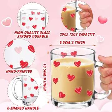 Reallnaive Heart Glass Iced Coffee Cups - 2 Pcs 12 oz Cute Drinkware for Couples