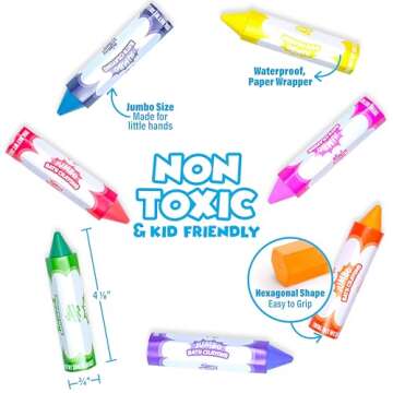 Tub Works® Smooth™ Jumbo Bath Crayons Bath Toy | Nontoxic, Washable Bath Crayons for Toddlers & Kids | Unique Formula Draws Smoothly & Vividly on Wet & Dry Tub Walls | Large, Easy-Grip Bathtub Crayons