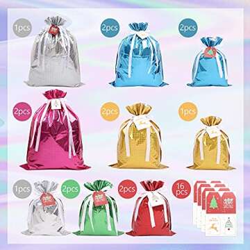 MAMUNU 15Pcs Christmas Drawstring Gift Bags, Assorted Sizes Solid Color Goodie Bags Christmas Wrapping Bags with Drawstring Ribbons and Tags, for Holiday Birthday Christmas Party (15)