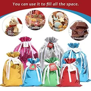 MAMUNU 15Pcs Christmas Drawstring Gift Bags, Assorted Sizes Solid Color Goodie Bags Christmas Wrapping Bags with Drawstring Ribbons and Tags, for Holiday Birthday Christmas Party (15)