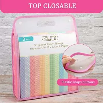 Caydo Scrapbook Paper Storage Organizer, Pink Expanding Paper Folio for 12 x 12 Sheets, Scrapbook Paper Storage with Transparent Portable Handle for Holding Scrapbook, Vinyl Paper, Cardstock