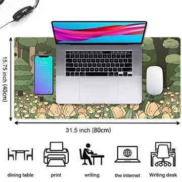 Anime Forest Desk Mat,Cute Green Mouse Pad,Kawaii Aesthetic Full Desktop Pad XXL Gaming Mousemat XL, Extended Korean Animals Bear Bunny Keyboard Mat Large 31.5x15.7 Inch Non-Slip&Stitched Edges
