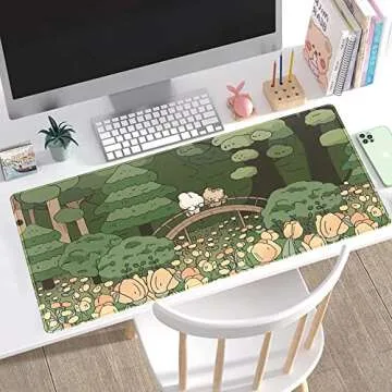 Anime Forest Desk Mat,Cute Green Mouse Pad,Kawaii Aesthetic Full Desktop Pad XXL Gaming Mousemat XL, Extended Korean Animals Bear Bunny Keyboard Mat Large 31.5x15.7 Inch Non-Slip&Stitched Edges