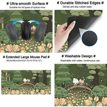 Anime Forest Desk Mat,Cute Green Mouse Pad,Kawaii Aesthetic Full Desktop Pad XXL Gaming Mousemat XL, Extended Korean Animals Bear Bunny Keyboard Mat Large 31.5x15.7 Inch Non-Slip&Stitched Edges