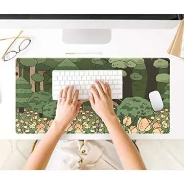 Anime Forest Desk Mat,Cute Green Mouse Pad,Kawaii Aesthetic Full Desktop Pad XXL Gaming Mousemat XL, Extended Korean Animals Bear Bunny Keyboard Mat Large 31.5x15.7 Inch Non-Slip&Stitched Edges