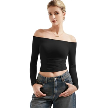 SUUKSESS Women Off The Shoulder Double Lined Long Sleeve Shirts Fitted Y2k Basic Going Out Tops (Jet...