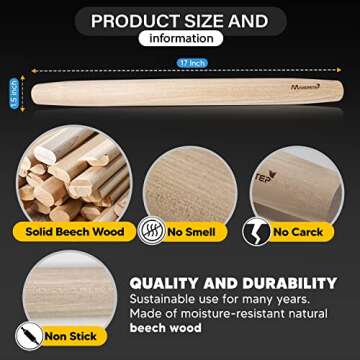 Makerstep French Wooden Rolling Pin 17 Inches - Natural Beech Wood, Non-Stick Surface for Seamless B...