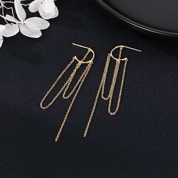 SLUYNZ 925 Sterling Silver Dangle Earrings Tassel Chain for Women Dangle Earrings Long Earrings Huggie Studs Dangle Chain (Gold Plated)