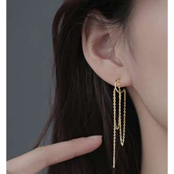 SLUYNZ 925 Sterling Silver Dangle Earrings Tassel Chain for Women Dangle Earrings Long Earrings Huggie Studs Dangle Chain (Gold Plated)