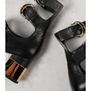 Kapxumo Women's Kitten Heel Mary Jane Ankle Boots Closed Almond Toe Chuncky Block Golden Heel Adjust...