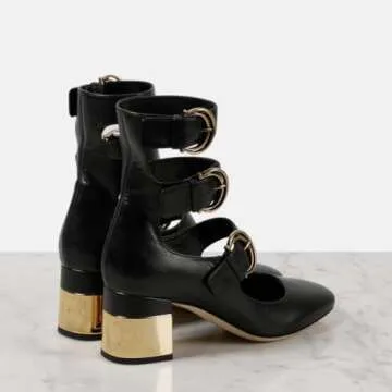 Kapxumo Women's Kitten Heel Mary Jane Ankle Boots Closed Almond Toe Chuncky Block Golden Heel Adjustable Strap Buckle Leather Pumps Comfortable Causal Work Dress Punk Shoes Y4K