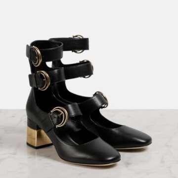 Kapxumo Women's Kitten Heel Mary Jane Ankle Boots Closed Almond Toe Chuncky Block Golden Heel Adjustable Strap Buckle Leather Pumps Comfortable Causal Work Dress Punk Shoes Y4K