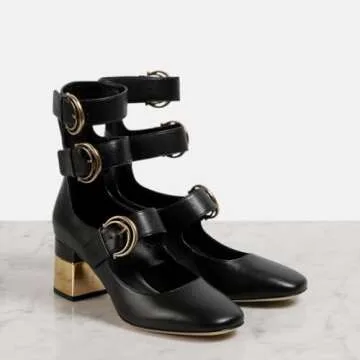 Kapxumo Women's Kitten Heel Mary Jane Ankle Boots Closed Almond Toe Chuncky Block Golden Heel Adjustable Strap Buckle Leather Pumps Comfortable Causal Work Dress Punk Shoes Y4K