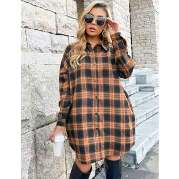 Blooming Jelly Women's Button Down Flannel Shirts Plaid Shacket Long Sleeve Collared Long Jacket Coats（XLarge,Brown Plaid）