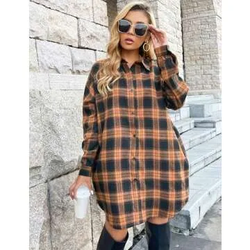Blooming Jelly Women's Button Down Flannel Shirts Plaid Shacket Long Sleeve Collared Long Jacket Coats（XLarge,Brown Plaid）