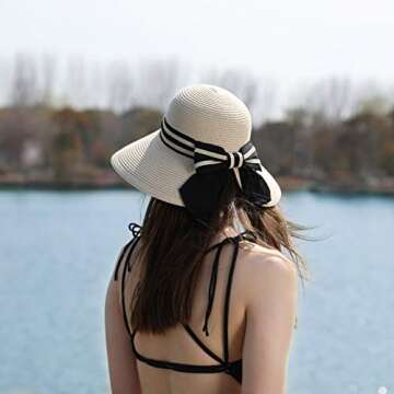 Comhats Sun Hat for Womens Floppy Summer Beach Straw Hats Accessories Wide Brim SPF 50 Foldable Beige M