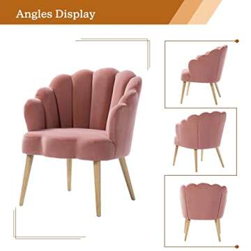 TINA'S HOME Flora Scalloped Velvet Arm Chair for Small Space Living Room Bedroom - Pink