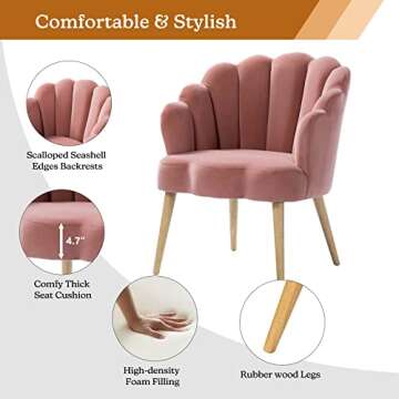TINA'S HOME Flora Scalloped Velvet Arm Chair for Small Space Living Room Bedroom - Pink