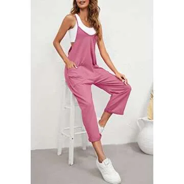 Nirovien Womens Oversized Sleeveless Jumpsuits Loose Spaghetti Strap Baggy Overalls with Pockets Casual One Piece Rompers(Dark Pink,M)