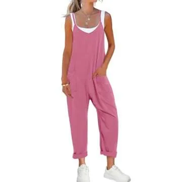Nirovien Womens Oversized Sleeveless Jumpsuits Loose Spaghetti Strap Baggy Overalls with Pockets Casual One Piece Rompers(Dark Pink,M)