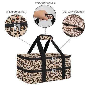 esouler Double Insulated Casserole Carrier Bag Hot & Cold Food Carrier Bag Lasagna Holder Lunch Bag for Picnics, Parties, Travel, Fits 9 x 13 Inches Casserole Dish-Leopard