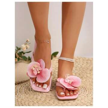GORGLITTER Women's Flower Flat Sandals Flip Flops Square Open Toe Summer Slide Sandals Hot Pink 8