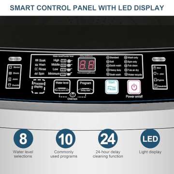 rosmena Automatic Washing Machine, Portable 25 LBS Full Washing Machine with LED Display & 10 Programs & 8 Water Levels Selections & Drain Pump, Compact Laundry Washer for Apartment, Dorm, Grey