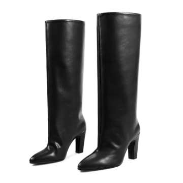 ISNOM Loose Calf Black Boots Womens Knee High Boots Chunky Heel Boots Slouchy Boots Fall Boots Point...