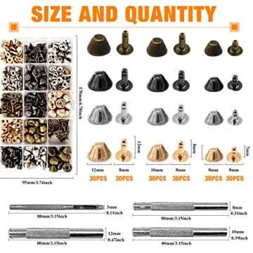 AngelaKerry 240 Sets Include 4 Colors 3 Sizes Mini Small Metal Flat Head Stud Purse Feet Spike Screw Back Purse Luggage Foot Nails Rivets Bottom Brads