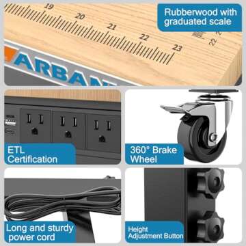 LARBANKE 48" Heavy-Duty Adjustable Workbench with Brake Wheels,Hardwood Worktable Weight Capacity Ov...