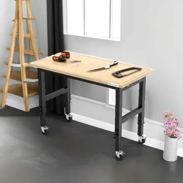 LARBANKE 48" Heavy-Duty Adjustable Workbench with Brake Wheels,Hardwood Worktable Weight Capacity Over 2000 Lbs,Rubber Wood Workbench has Adjustable 5 Different Heights,for Workshop,Garage,Office,Home