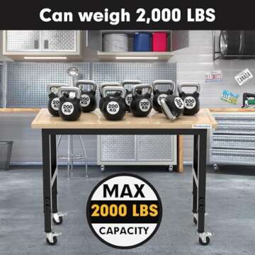 LARBANKE 48" Heavy-Duty Adjustable Workbench with Brake Wheels,Hardwood Worktable Weight Capacity Over 2000 Lbs,Rubber Wood Workbench has Adjustable 5 Different Heights,for Workshop,Garage,Office,Home