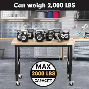 LARBANKE 48" Heavy-Duty Adjustable Workbench with Brake Wheels,Hardwood Worktable Weight Capacity Over 2000 Lbs,Rubber Wood Workbench has Adjustable 5 Different Heights,for Workshop,Garage,Office,Home