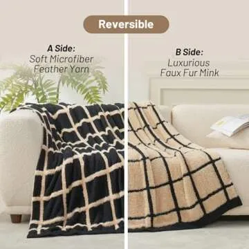 Amelie Home Cozy Faux Fur Throw, Double Sided Black Checkered Blanket, Soft Lightweight Square Blanket for Sofa, Chair, Bed, Plaid Black, 50 x 60