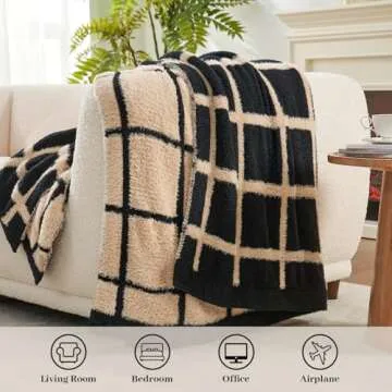 Amelie Home Cozy Faux Fur Throw, Double Sided Black Checkered Blanket, Soft Lightweight Square Blanket for Sofa, Chair, Bed, Plaid Black, 50 x 60