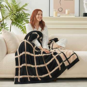 Amelie Home Cozy Faux Fur Throw, Double Sided Black Checkered Blanket, Soft Lightweight Square Blanket for Sofa, Chair, Bed, Plaid Black, 50 x 60