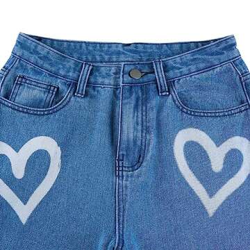 Women's High Waist Heart Print Wide Leg Loost Fit Vintage Boyfriend Jeans Teen Girls Streetwear Denim Pants