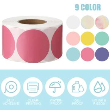 Yeaqee 9 Rolls 2 Inch Circle Thermal Label Stickers 750 Labels Bright Color Thermal Gradient Label Multi Purpose Thermal Stickers for Design DIY Logo Qr Code Name Tag Thank You Label (Bright Color)