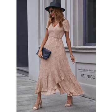 PRETTYGARDEN Women's Summer Wrap Maxi Dress Casual Boho Floral V Neck Short Sleeve Ruffle Hem Split Beach Long Dresses (Brown,Large)