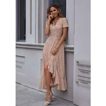 PRETTYGARDEN Women's Summer Wrap Maxi Dress Casual Boho Floral V Neck Short Sleeve Ruffle Hem Split Beach Long Dresses (Brown,Large)