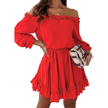 Dokotoo Womens Dresses for Women 2023 Spring Summer Ruffle Off Shoulder Long Sleeve Elastic Waist Ca...