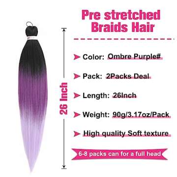 Unionbeauty 26 Inch Black to Purple Ombre Braiding 2Packs Pre Stretched Crochet Braid Easy Braid Hai...